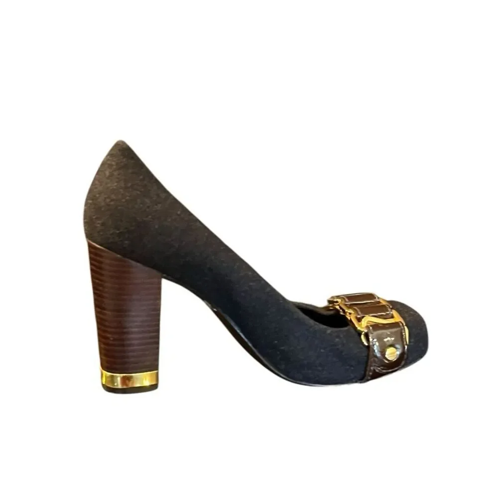 Tory Burch Size 7 M Black Flannel Stacked Heels Chain Link Pumps Shoes MSRP $298